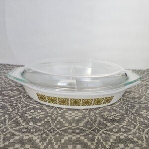 Vintage Pyrex 1 Qt Divided Casserole Dish w/ Clear Lid – Green Floral Pattern